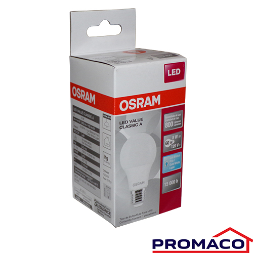 [i10039314-00] OSRAM-BOMBILLO LED LUZ CLARA A60 800LM 120V 950887330 E27 865 322315 8W